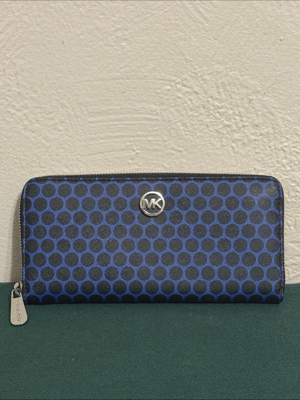 Michael Kors Royal Blue and Black Polka Dot Zip Wallet